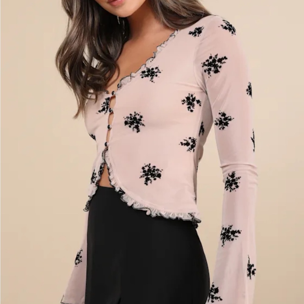 Ganin Beige Mesh Burnout Button-Front
Ruffled Top